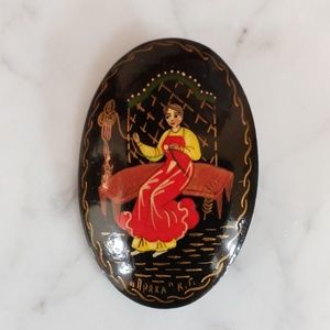 Russian Handpainted Black Lacquer Brooch